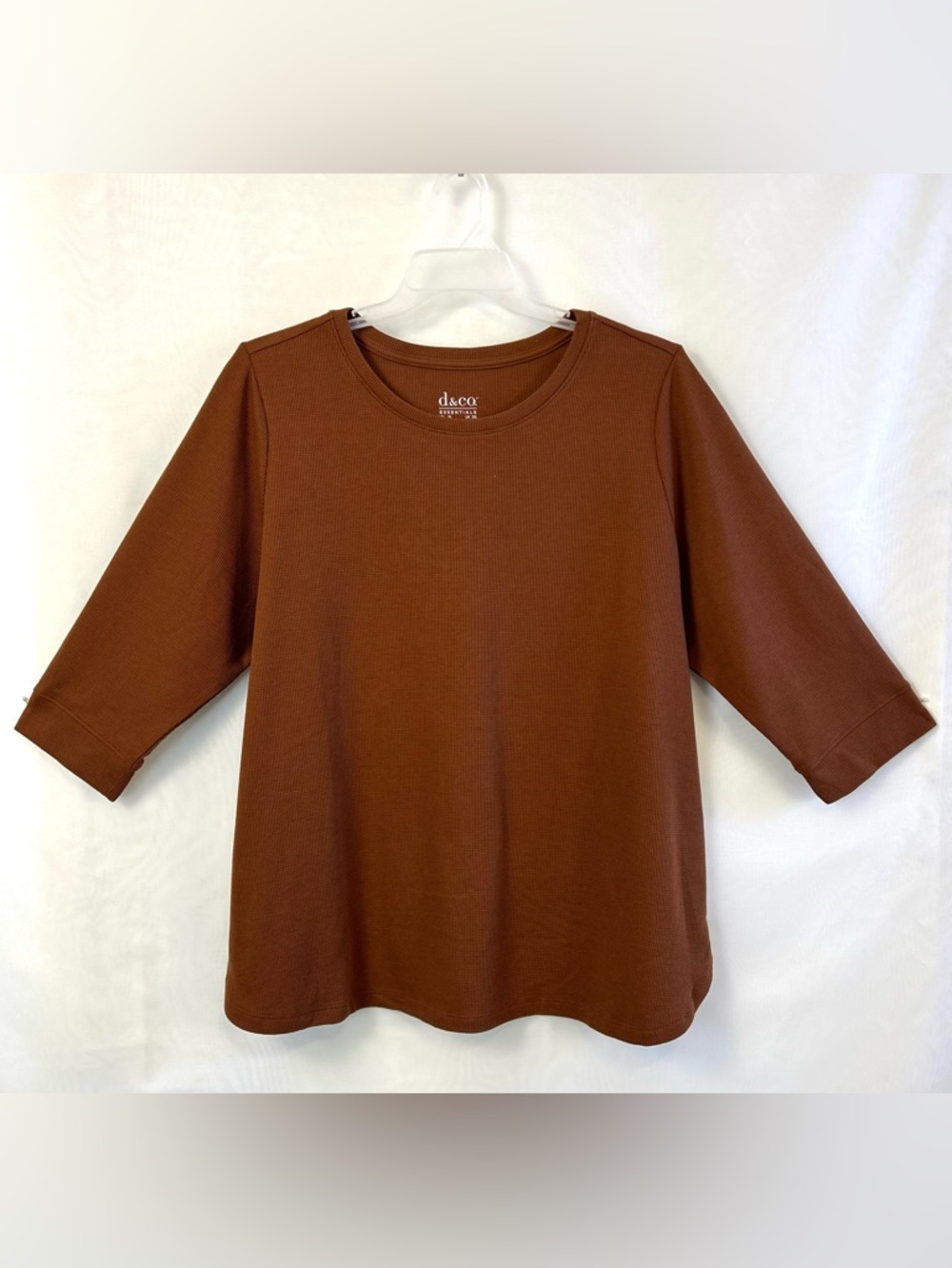 New Denim & Co Essentials Waffle Knit 3/4 Sleeve Caramel Brown Top / 2X
